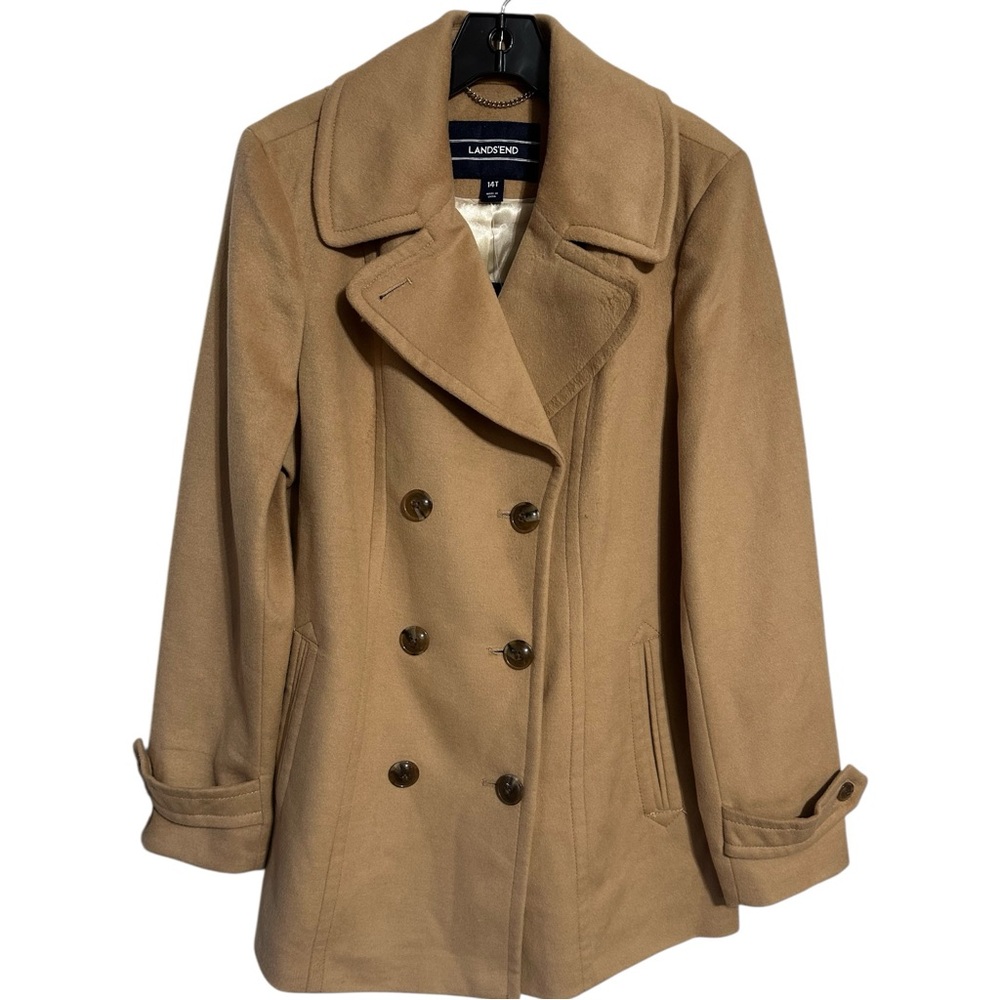 Land’s End NWT Camel Tan Buttoned Lined Peacoat 14T - Picture 3 of 12
